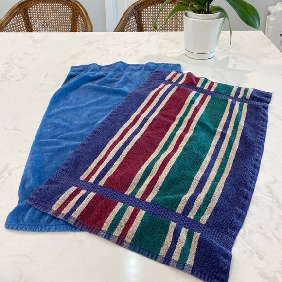 VTG 2 Hand Towels Carlin West Point Pepperell & Cannon Royal Family Blue Stripes - Picture 3 of 8